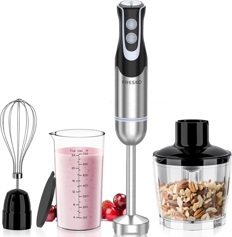 Fresko Immersion Blender Handheld, 4-in-1 Stainless Steel Hand Electric Stick Mixer with 12-Speeds & Turbo Mode, Powerful 500W Emulsion Blender with Beaker, Chopper & Whisk - Image 1